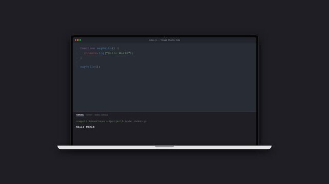 4K animation of laptop screen coding javascript with terminal output