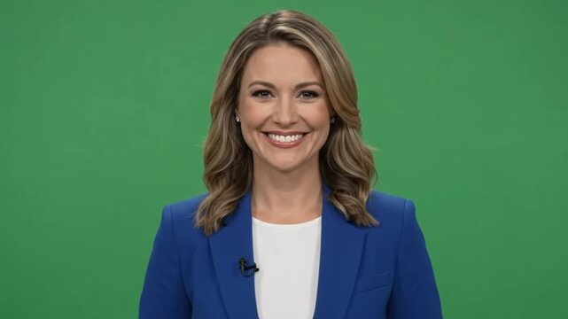 Friendly presenter thanking viewers, waving goodbye, smiling warmly, then holding a neutral pose for editing flexibility on chroma key green screen, studio lighting, seamless ending.