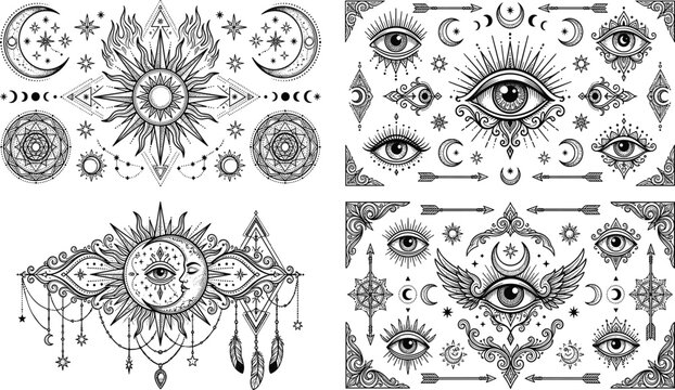 Mystical evil eye and celestial sun moon vector elements bundle featuring bohemian witchcraft symbols arrows and sacred geometry ornaments