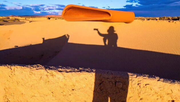 Surreal desert landscape with floating sandal and human shadow.