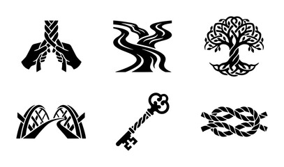 Fototapeta premium Set of 6 Black and White Vector Icons: Braided Rope, Winding River, Tree of Life, Bridge, Skeleton Key, and Knot. Graphic Symbols for Connection, Journey, Growth, and Security.