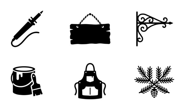 Crafting Icons Set: Soldering Iron, Sign, Bracket, Paint, Apron, Pine Sprig Vector Graphics for DIY, Hobby, and Workshop Projects
