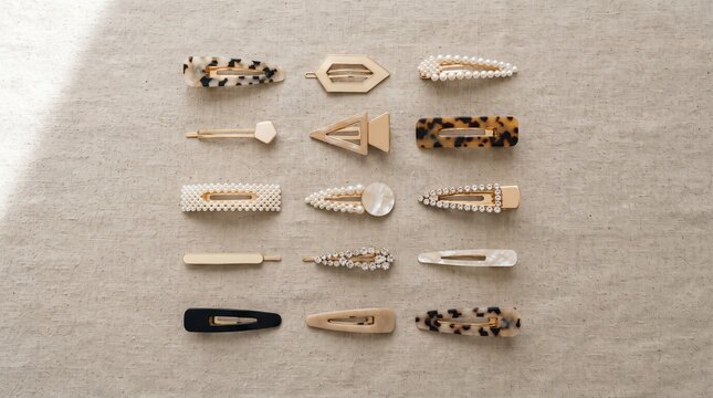 Top-down flat lay of assorted hair clips arranged in a geometric pattern on a neutral beige background. Elegant minimalist beauty accessory styling with modern fashion aesthetics.