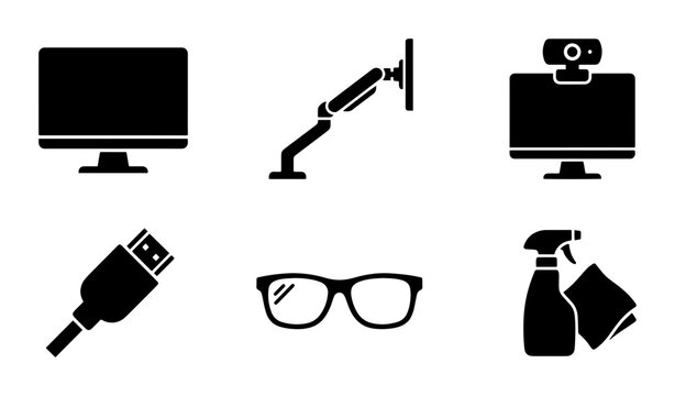 Modern Computer Accessories Set: Monitor, Webcam, Articulating Arm, HDMI Cable, Eyewear, Cleaning Supplies Vector Icons