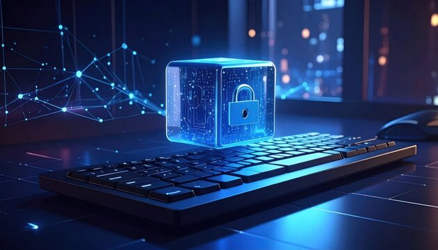 Cybersecurity Concept - Digital Lock on Keyboard for Data Protection.