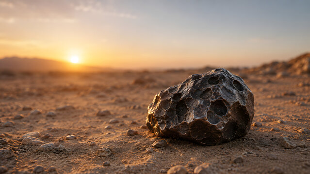 Meteorite Boulder on Desert Ground at Sunset
