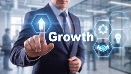 Obraz premium Business growth concept with professional touching upward arrow interface symbolizing financial success progress development and corporate advancement strategy