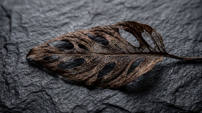 Macro shot of dried brown monstera leaf skeleton on dark slate stone background