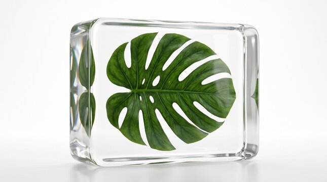 Fresh green monstera leaf preserved inside a clear glass cube isolated on white background