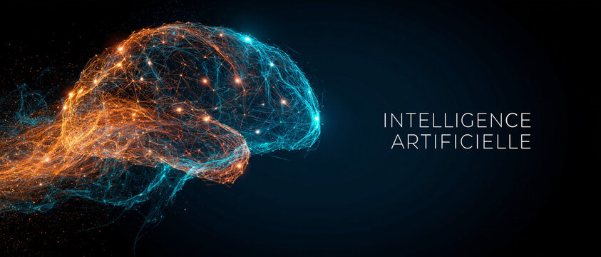  Banni&egrave;re technologique : Concept d'Intelligence Artificielle avec cerveau num&eacute;rique abstrait, r&eacute;seaux neuronaux et texte sur fond sombre.