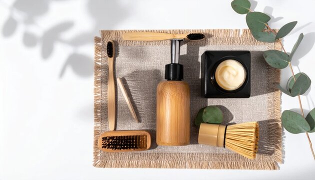 Eco-friendly bathroom essentials arranged in a wooden tray.