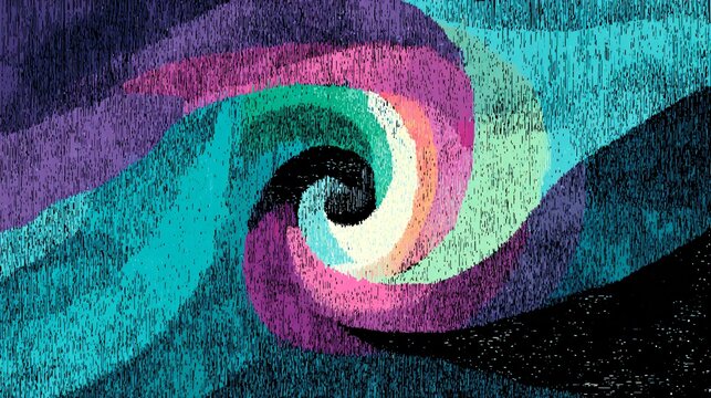 Intricate abstract spiral vortex, illuminated with a spectrum of teal, pink, and purple, a computer-generated artwork with a grainy, textured aesthetic and dynamic flow.