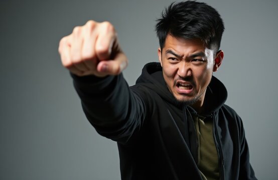 Young man with angry facial expression. Asian male shows aggressive fist gesture. Furious person ready to fight or defend. Intense emotion, rage, anger concept.