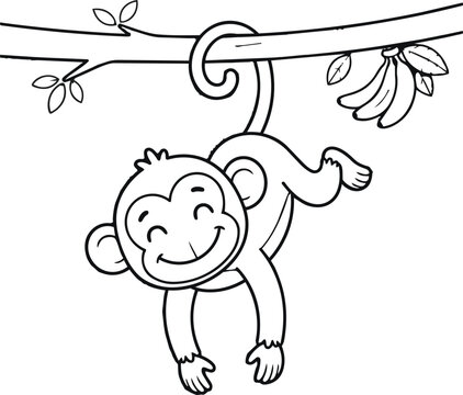 Cute cartoon monkey holding bananas and smiling. Playful primate character with tropical fruit in hand for kids design.