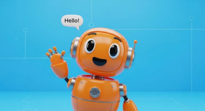 Friendly robot with headphones saying hello