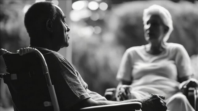 Senior man sits in wheelchair, gazing forward. Senior woman sits beside him, softly looking ahead. Soft, blurred background enhances quiet, reflective mood. Black and white tones emphasize calm
