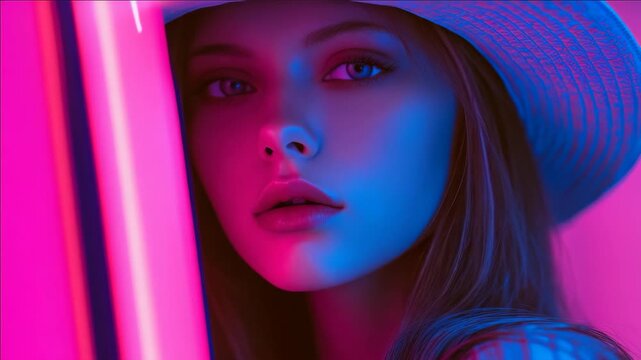 Stylish woman with striking eyes and fashionable hat in bold, neon-lit environment.