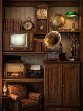 Vintage study room interior with antique collectibles and furniture