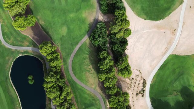 aerial top down drone view of an exclusive green golf course featuring vibrant grass fairways deep water hazards large sand bunkers winding paths and trees for outdoor sports recreation