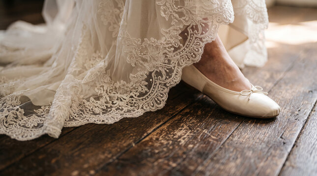 Bride wearing elegant ivory wedding shoes with lace dress detail on wooden floor