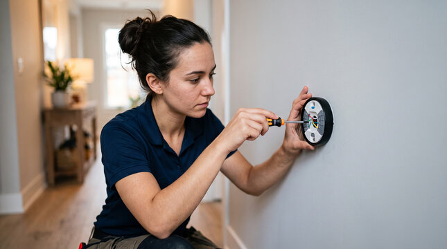 Professional technician installing smart thermostat on residential wall