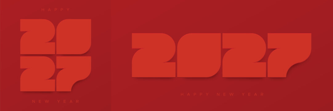 Minimal Geometric 2027 New Year Typography Banner with Modern Red Paper Cut Style Vector
