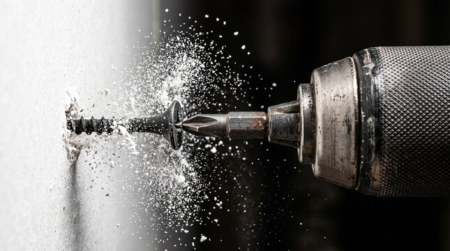 Close-up of drill driving screw into drywall with dust particles flying