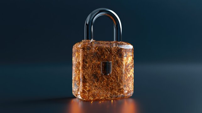 Translucent padlock with glowing internal threads, against dark background