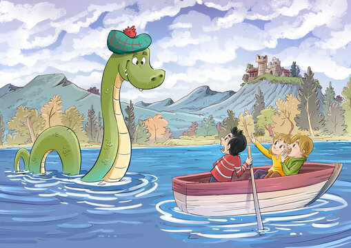 Children observing the loch Ness monster from a boat, illustration