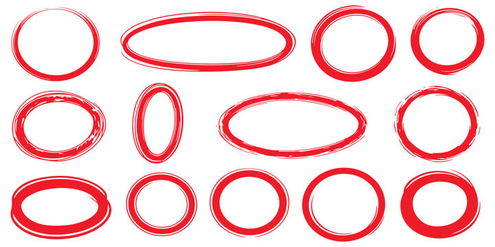 Set of red hand-drawn oval and circle highlighter frames for emphasizing text or objects