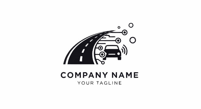 a black and white logo of a car on a road with gears and circles.