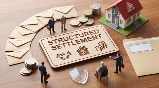 Structured settlement card beside house model, envelope, coin, and figurine symbolize payment plan for home safety and long term financial stability.