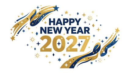 Happy New Year 2027: A festive and celebratory graphic design announcing the arrival of the New Year 2027, adorned with swirling gold and blue accents, shooting stars, and sparkling confetti. © Mohiuddin123