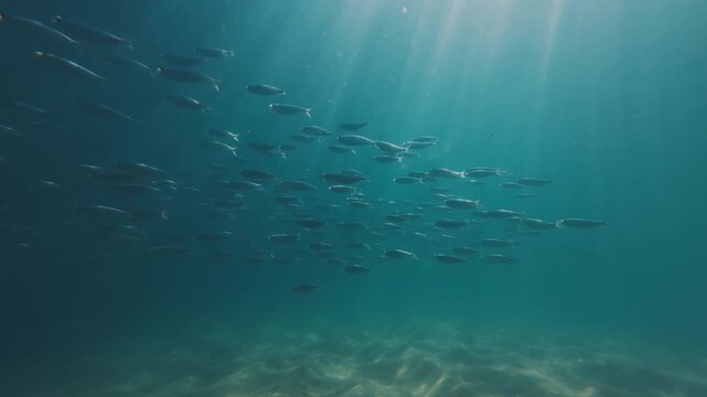 Underwater view of the school of fish swimming in the sea near the island of Ilha Grande in Brazil