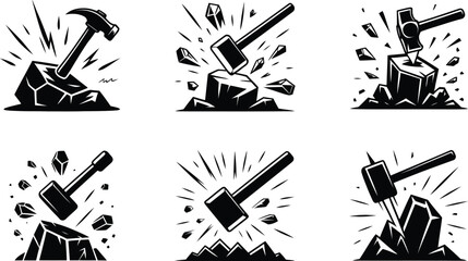 hammer striking rock and mining icons set silhouette vector © Ahamedpicu