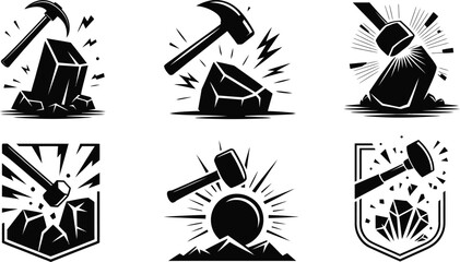 hammer striking rock and mining icons set silhouette vector © Ahamedpicu