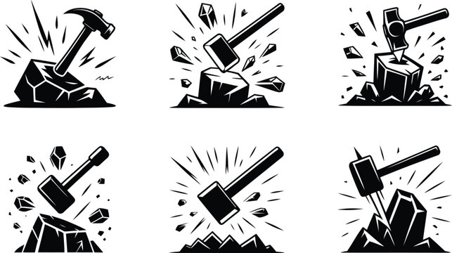 hammer striking rock and mining icons set silhouette vector