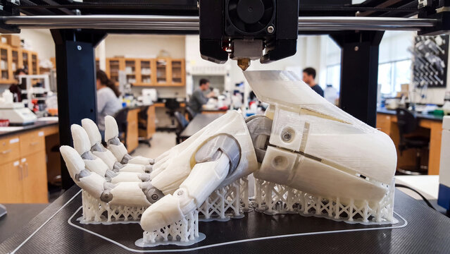 Robotic prosthetic hand being manufactured by three dimensional printer in research laboratory showing advanced biomedical engineering and assistive medical technology