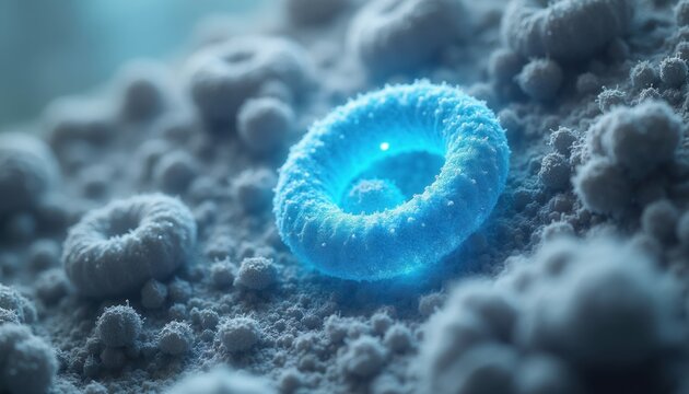 Microscopic view of glowing blue spirochete bacteria form. Microorganism close up, medical research abstract, biology science concept, pathogens threat illustration.