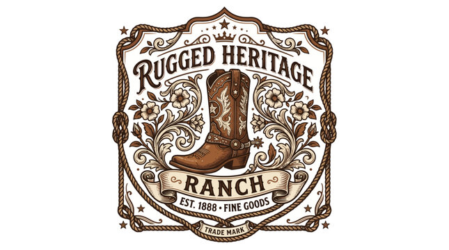 Vintage Western Cowboy Boot Emblem Featuring Floral Ornaments and Rustic Rope Border for Ranch Branding and Heritage Apparel Design