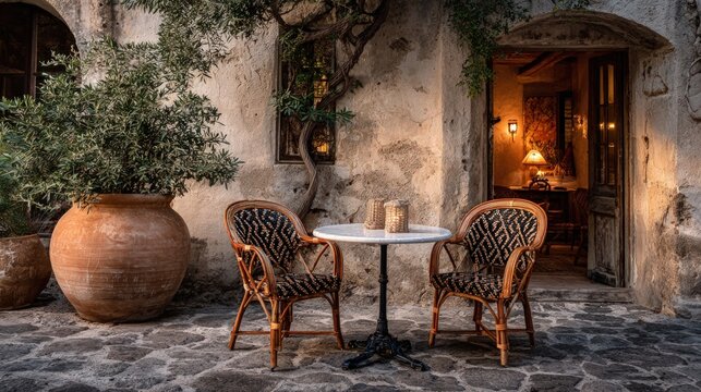 Two wicker chairs and marble table on a rustic stone patio outside a traditional Mediterranean building at sunset