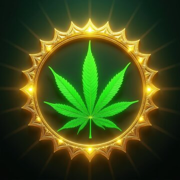 Green hemp leaf glows inside ornate golden frame. Radiant light beams emanate from emblem. Symbolizes natural medicine, cannabis growth, and wellness.