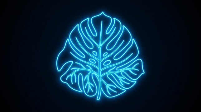 Glowing blue neon light outline of a monstera leaf isolated on black background