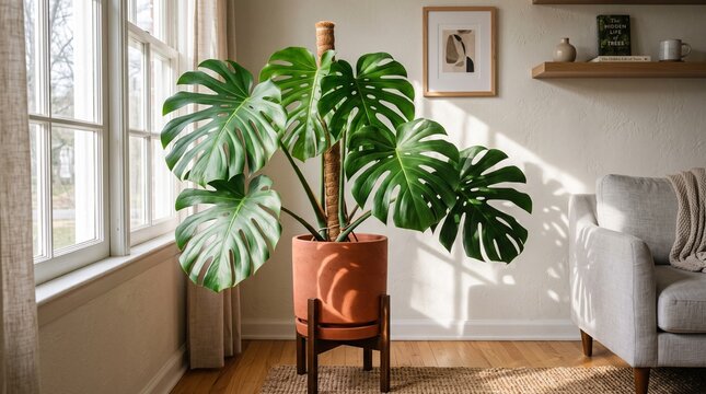 Large monstera deliciosa plant in terracotta pot next to a window in a bright living room