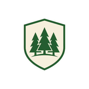 Minimalist green shield emblem with pine trees for nature and forestry conservation logo