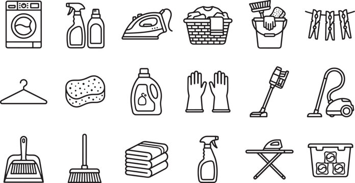Set of laundry and house cleaning icons featuring washing machine iron detergent broom and vacuum in linear vector style