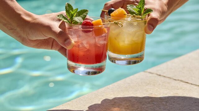 Close-up of hands lifting red and yellow cocktails for a toast by a swimming pool. Summer vacation and luxury resort lifestyle. Refreshing tropical drinks with fruit garnishes