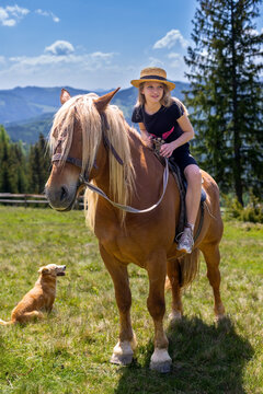 Young Rider on Horse with Dog in Mountain Meadow. A young rider in a straw hat sits on a chestnut horse while a small dog rests nearby in a sunny mountain meadow.