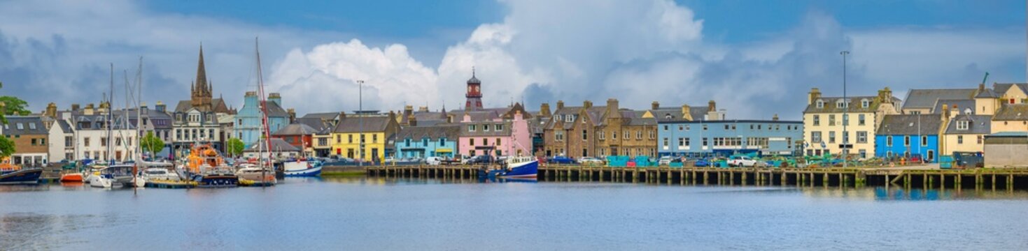Panoramic view of Stornoway  waterfront and harbor, Isle of Lewis, Outer Hebrides Islands, Scotland.