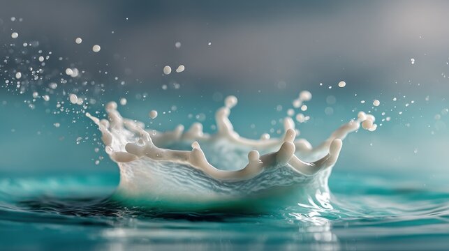 White milk splash forming a crown shape on a teal liquid surface